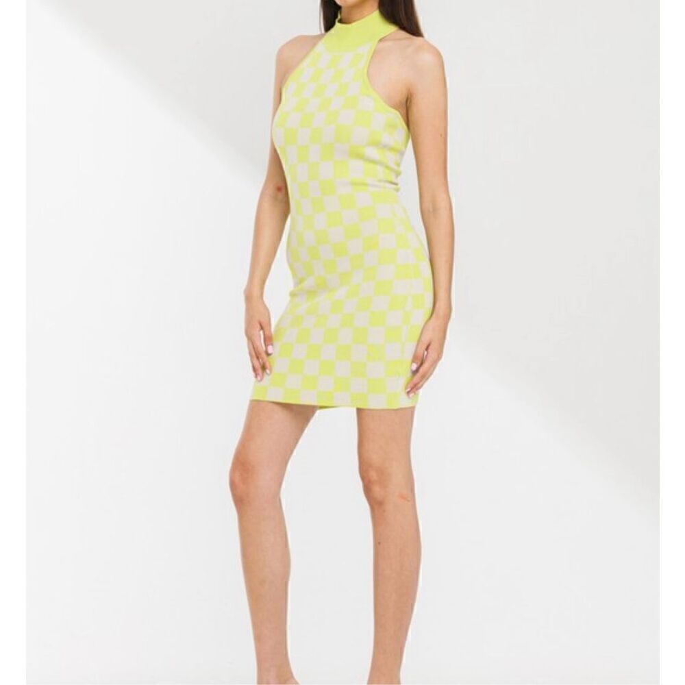 gingham halter neck knit dress